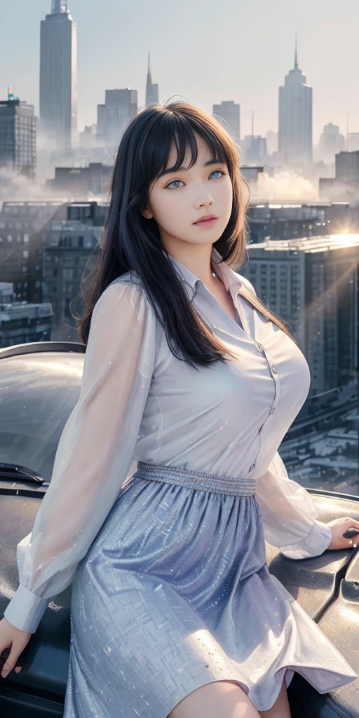 （1girll：1.3）， solo， （（（very vey very detailed face））），（（very detailed eyes and faces））），beatiful detailed eyes，Body parts__，offcial art，Unified 8k wallpaper，Super detailed，Beautiful and beautiful，big breasts beautiful，tmasterpiece，best qualtiy，primitive，tmasterpiece，ultra fine photos，best qualtiy，Ultra-high resolution，photorealistic realism，rays of sunshine，full-body portraits，stunningly beautiful，，dynamicposes，delicated face，Bigchest，Vibrant eyes，（From the front side）， Very detailed city roof background， Roof，looking over city，Detailed face，detailed complex busy background，untidy，opulent，milkyW，highly detailedskin，Realistic details of skin，visible pores，Clear focus，volume fog，8K  UHD，digital SLR camera，high qulity，filmgrain，White skin of the，photo-realism，DL，A huge metropolis of the dystopia of the future， Translucent purple clothes