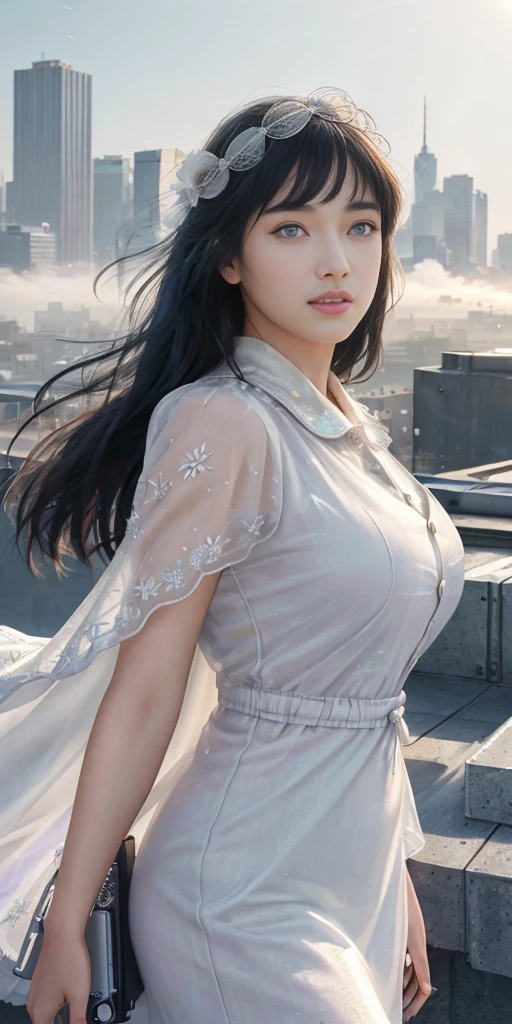 (1girll:1.3), solo, (((very vey very detailed face))),((very detailed eyes and faces))),beatiful detailed eyes,Body parts__,offcial art,Unified 8k wallpaper,Super detailed,Beautiful and beautiful,big breasts beautiful,tmasterpiece,best qualtiy,primitive,tmasterpiece,ultra fine photos,best qualtiy,Ultra-high resolution,photorealistic realism,rays of sunshine,full-body portraits,stunningly beautiful,,dynamicposes,delicated face,Bigchest,Vibrant eyes,(From the front side), Very detailed city roof background, Roof,looking over city,Detailed face,detailed complex busy background,untidy,opulent,milkyW,highly detailedskin,Realistic details of skin,visible pores,Clear focus,volume fog,8K UHD,digital SLR camera,high qulity,filmgrain,White skin of the,photo-realism,DL,A huge metropolis of the dystopia of the future, Translucent purple clothes