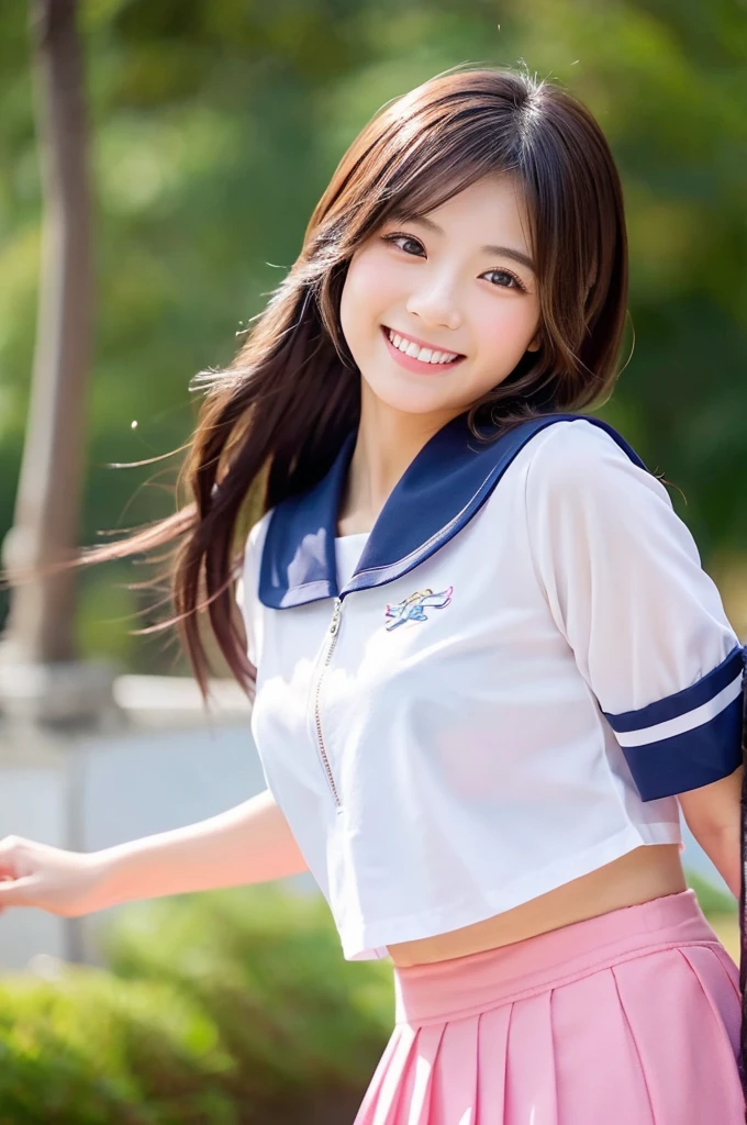 Image resolution 8K、masterpiece:1.3)、Beauty、1 female、(魅力的なbody:1.2)、abdomen:1.1、Dark Brown Hair:1.1、(body:1.2)、Ultra-detailed face、Attractive lips、double eyelid、Super realistic and detailed super cute in a white short sleeved zippered sailor suit and pink skirt、Japanese 、Japanese women、10th generation(18-year-old)、Smiling with a nice smile、Hair fluttering in the wind、
