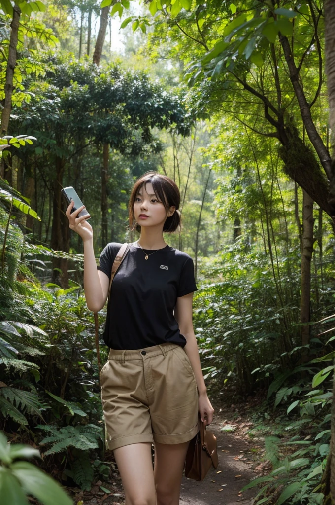 Some people in the forest are holding mobile phones