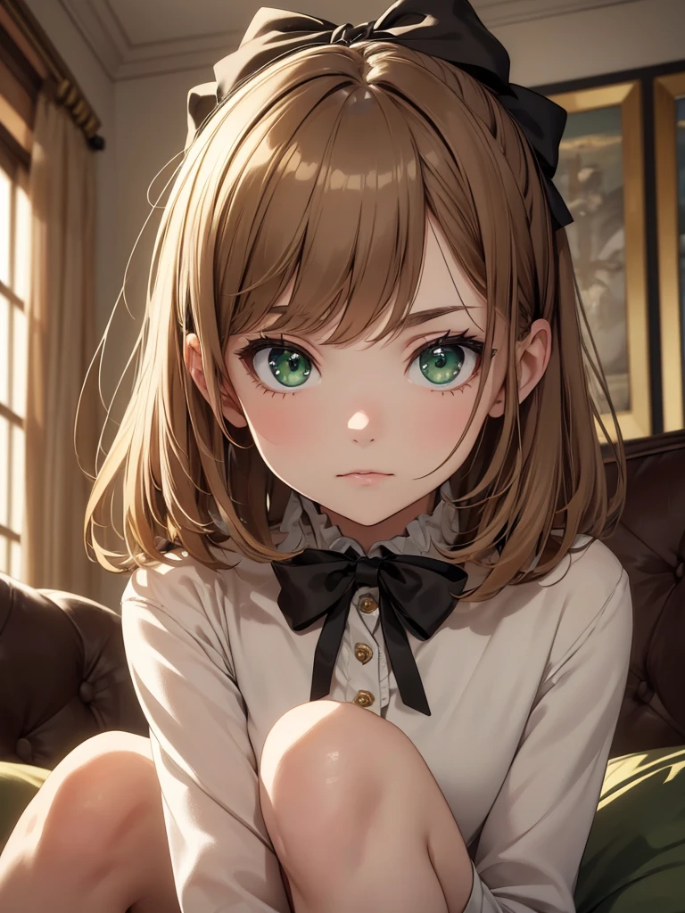 (8K, Best Quality, Masterpiece, Ultra High Resolution) 1 Girl, Short, Teen, Beautiful Eyes, Face Details, Light Brown Hair, Hair Bow, Green Eyes, Pale Skin, Casual Clothing, Sitting on Sofa Masterpiece, Best Quality, Upper Body, Looking at the Viewer, Facing Viewer, Close Up