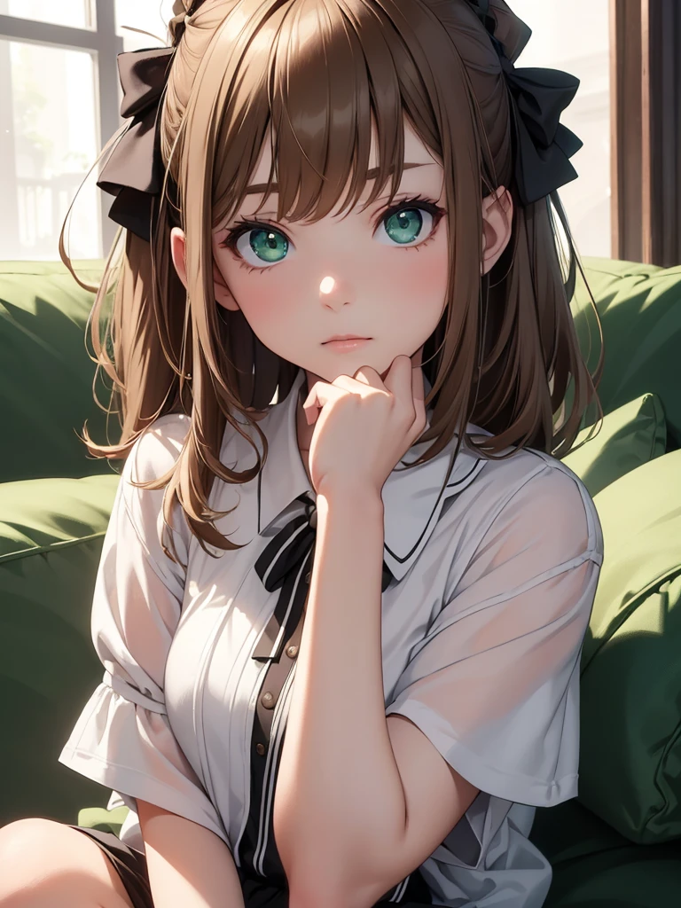 (8K, Best Quality, Masterpiece, Ultra High Resolution) 1 Girl, Short, Teen, Beautiful Eyes, Face Details, Light Brown Hair, Hair Bow, Green Eyes, Pale Skin, Casual Clothing, Sitting on Sofa Masterpiece, Best Quality, Upper Body, Looking at the Viewer, Facing Viewer, Close Up