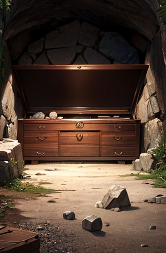 A mimic chest, at the bottom of a cave, Masterpiece, The best quality, high detail
