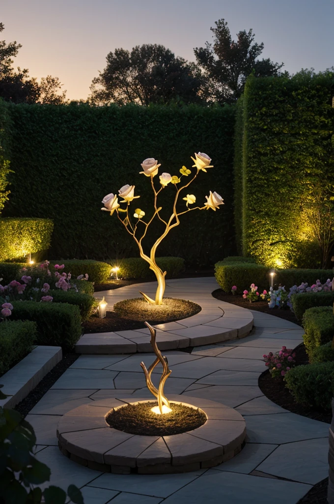 A sculpture in the shape of a rose branch with lighting go garden