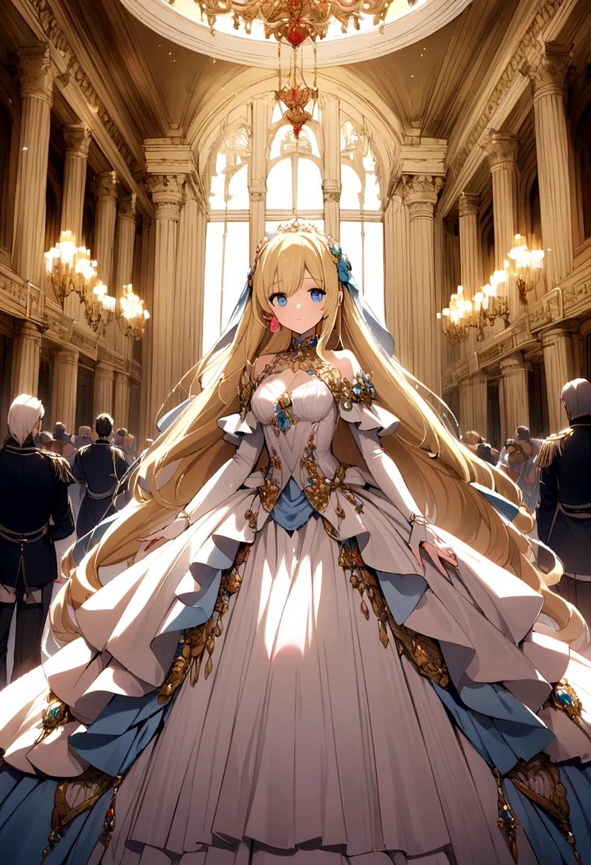 A beautiful princess with long blonde hair and blue eyes, wearing a magnificent dress. She is surrounded by knights and nobles in a grand ballroom.