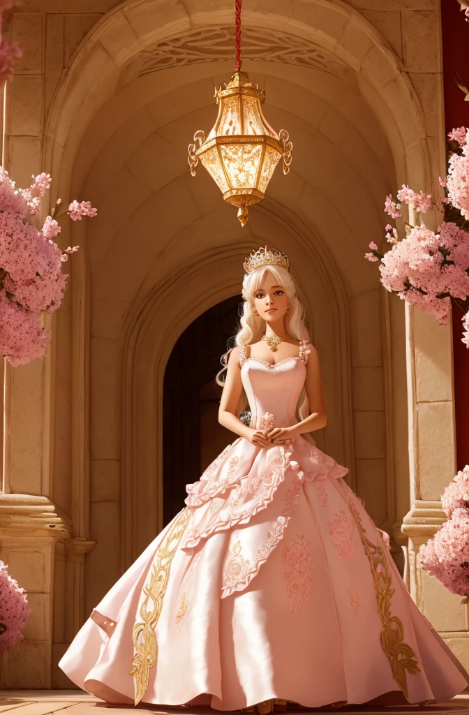 White Blonde hair, fluffy hair, stylish hair, long hair, lilac eyes, perfect eyes, beautiful, perfect face, tween, dainty , short, kind, curvy, a flowing pale airy gown with ruffles along the bottom with tiny pink flowers and gold dragon embroideries with flowers, Her tiara had a pretty teal gemstones, silver necklace, noble class, royal, royalty, red castle, feasting hall, medieval, elegant surroundings, soft dewy makeup look, light peach blush, soft tan eyeshadow, light coral lipstick, cutesy, girlish, girly, guileless, ingénue, princess , whimsical lighting, Targaryen, dragons in the sky, photorealistic
