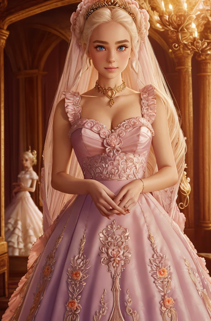 White Blonde hair, fluffy hair, stylish hair, long hair, lilac eyes, perfect eyes, beautiful, perfect face, tween, dainty , short, kind, curvy, a flowing pale airy gown with ruffles along the bottom with tiny pink flowers and gold dragon embroideries with flowers, Her tiara had a pretty teal gemstones, silver necklace, noble class, royal, royalty, red castle, feasting hall, medieval, elegant surroundings, soft dewy makeup look, light peach blush, soft tan eyeshadow, light coral lipstick, cutesy, girlish, girly, guileless, ingénue, princess , whimsical lighting, Targaryen, dragons in the sky, photorealistic
