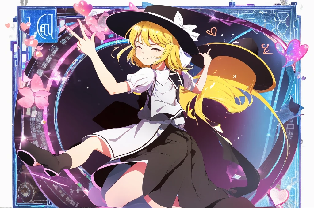 1girl, , , masterpiece, best quality, 10 years old, medium blonde hair, forehead visible bags, yellow eyes, hat, heart, black headwear, puffy short sleeves, log black skirt, heart hads,,1girl, solo, yellow eyes, yellow hair, bow, hat bow, socks, black footwear, black skirt, short sleeves, yuki (touhou), black vest, white sleeves, frill skirt, light smile, from behind, to lift up one’s skirt, cowboy shot, from front, standing , raise one leg, crossed arms, arms up behind, arms behind back, hand between legs, put hands hip, one hand on hip, forward hands, arms raised in the air, punch hands, peace sign, waving, put up index finger, sit, lie down, closed eyes, lie face down, looking back, put one hand chest, leaning forward, cleavage, close up, horizontally outstretched arms, horizontally outstretched legs, front view, front face