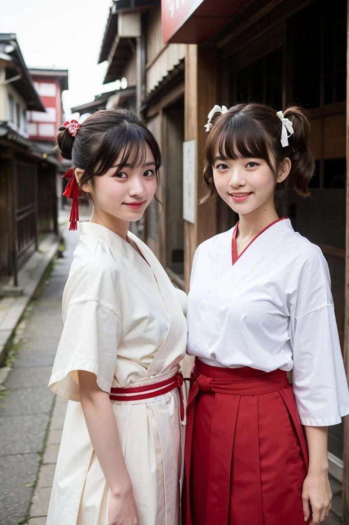 2 girls standing in old-Japanese street,white hakama top,red hakama bottom,18-year-old,bangs,a little smile,short hair and low pigtails with red ribbon bow,from before,front light