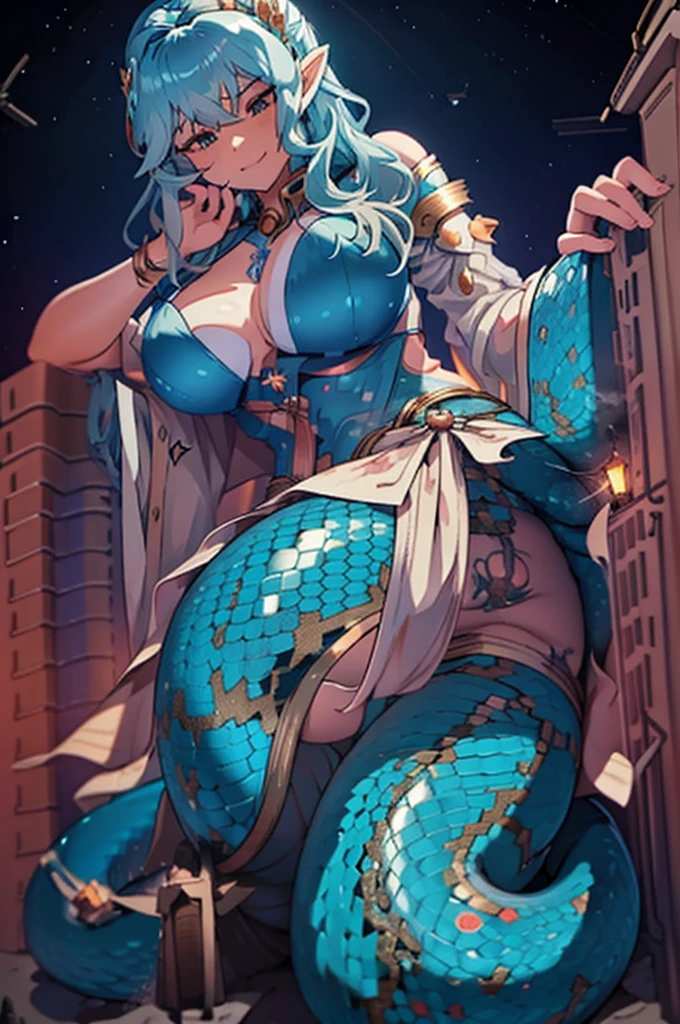 Blue haired Giantess, with curly hair, in the space sitting in a tiny planet earth, she is wearing a greco roman goddess dress color gold, big ,knight,giantess art,laima,intense size different,slu smile, large bosom,milf,monster girl,masterpiece,best quality,snake lady,white scales,red eyes,albino,GtdPlanet,GtsSpace,outerspace background,stars,snake tail lower half,Medusa