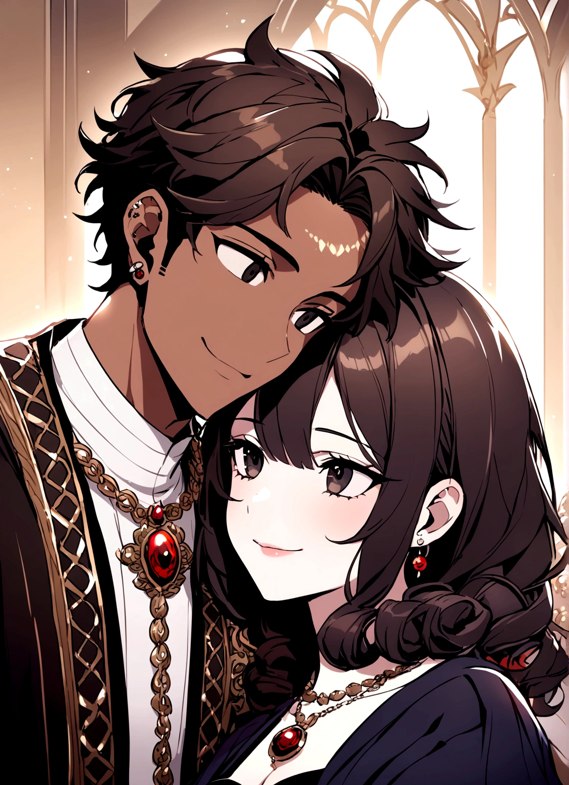 1 girl (modern clothing) (Dark honey eyes that contrast with her white skin and light brown hair with curls and long hair with a braid.) (She has simple earrings and a delicate flower-shaped necklace..) (happy look and cute smile looking) 1 chico (young black man with black eyes and short curly black hair) (a piercing in the right ear and a silver chain) (slanted and tired eyes with dark circles) (marked jaw with thick lips) [both looking at each other]