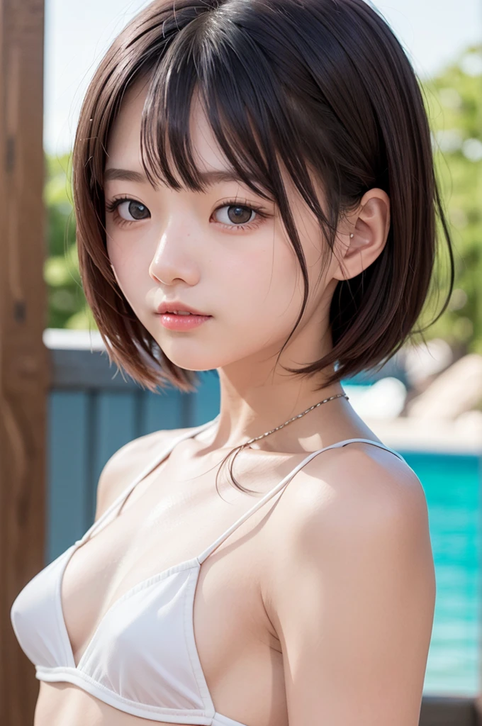 short hair、Very short hair、Shortcuts、日本人の一人のgirl、（beauty、繊細なgirl：1.3）、0--old：）、break、（Upper body from the waist up、Micro Bikini：1.3）、break、Definition of very fine particles、（Symmetrical eyes：1.3）、break、（Beautiful sea and white sand：1.3）、break、Emerald Eyes、Parted bangs、Brown Hair、girl、break、（Eye and facial details：1.0）、break、（masterpiece、Highest quality、Very detailed、Detailed face、8K）、smile、Very small breasts、