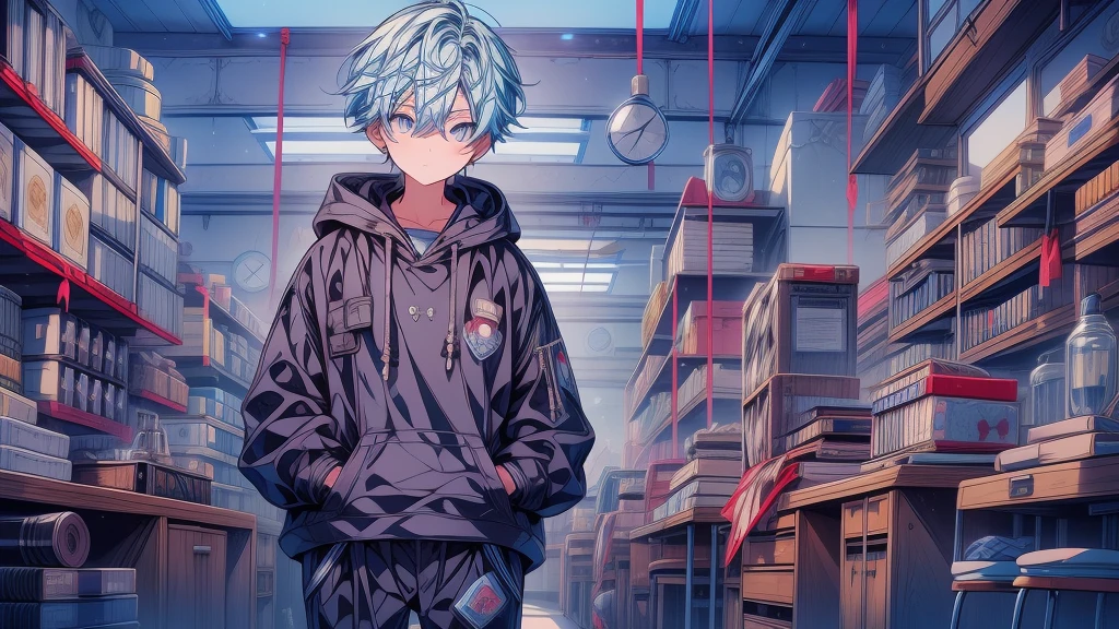 1boy,20th Generation、Highest quality、Masterpiece、Official Art、Detailed eyes、The best dynamic composition、Light blue hair color、The boy is a university student、hoodie、Black trousers、sneakers、Researching in the laboratory、Cowboy Shot、