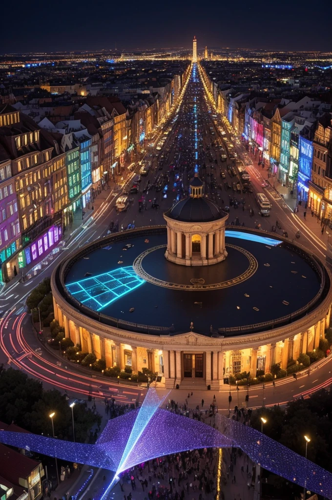 ((best quality)), ((masterpiece)), (detailed) An annual event where an entire urban area is decorated with incredible light installations, digital art projections and laser shows. The atmosphere is festive and charming, perfect for night walks.