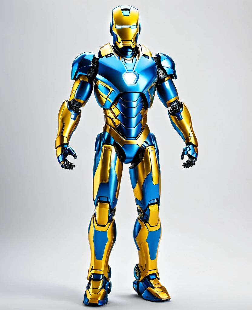 Human 2.0, robot 2.0, blue yellow robot colour, full body, ironman style, symbol white, heroic,