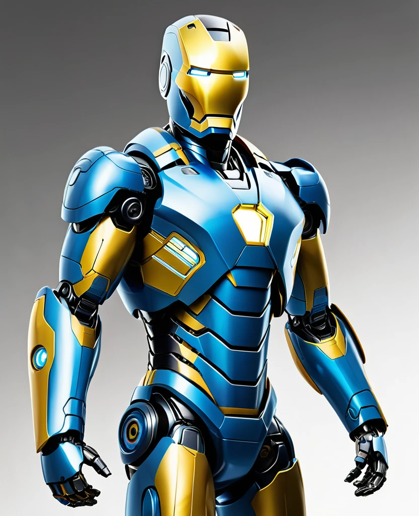 Human 2.0, robot 2.0, blue yellow robot colour, full body, ironman style, symbol white, heroic,