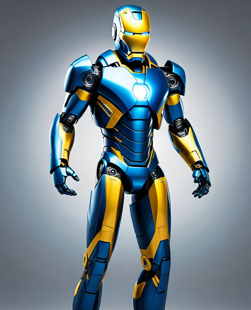 Human 2.0, robot 2.0, blue yellow robot colour, full body, ironman style, symbol white, heroic,