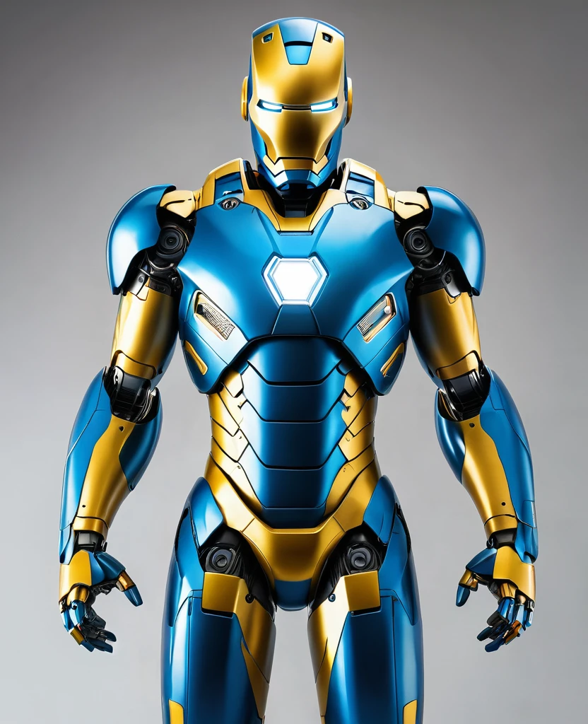 Human 2.0, robot 2.0, blue yellow robot colour, full body, ironman style, symbol white, heroic,