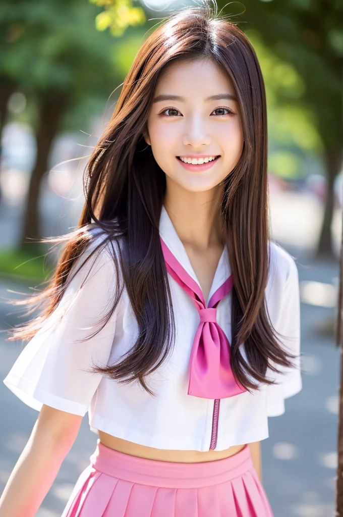 Image resolution 8K、masterpiece:1.3)、Beauty、1 female、(魅力的なbody:1.2)、abdomen:1.1、Dark Brown Hair:1.1、(body:1.2)、Ultra-detailed face、Attractive lips、double eyelid、Super realistic and detailed super cute in a white short sleeved zippered sailor suit and pink skirt、Japanese 、Japanese women、10th generation(18-year-old)、Smiling with a nice smile、Hair fluttering in the wind、