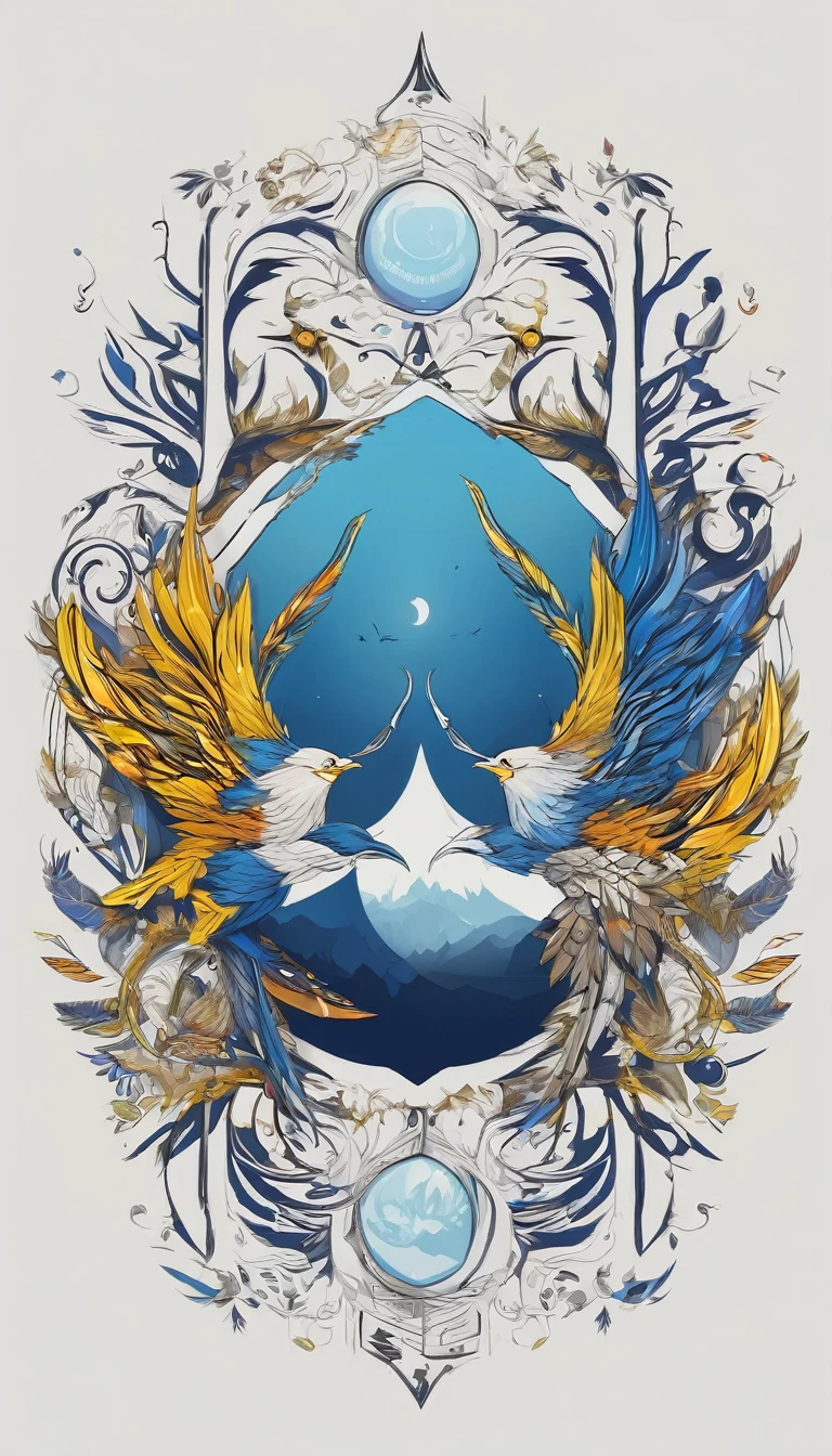 Create a minimalistic, simple, fantastic, easy to understand, logo design of two faces, one of a boy and the other of a feather for an upcoming Fantasy Role Playing Game called " Penamemoria". The game is about a world full of bird and feathers. A boy enters that world and discovers his true artistic identity. Create a logo design that transmits the essence of this videogame. It´s a fantasy game, with fantasy elements. Create the logo in the center and a fantasy theme as background. Use the colours blue, white, yellow in the logo. The logo design must convey a sense of fantasy, dreams and music. Must convey a feeling of being a true Dreamer