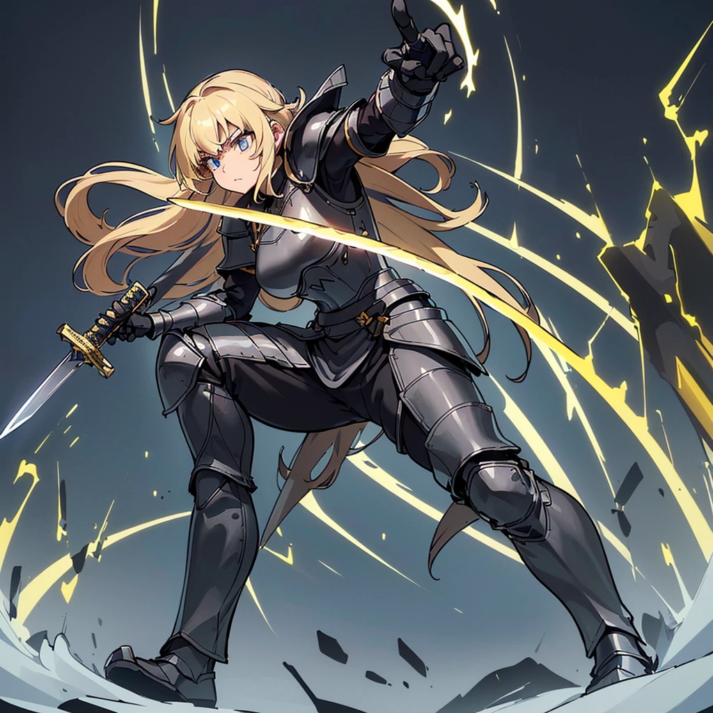 (((Solo)))、Highest quality, Best Quality、8K、(Full body character concept、detailed)、(((Gray simple armor、Black trousers、Black gloves))、(woman、18-year-old)、(Blonde、Long Hair)、(((kill、Grab the sword)))、(Glowing light background)、(Fighting stance, battle)、Dramatic Angle、(Blue and yellow aura)、(From below)