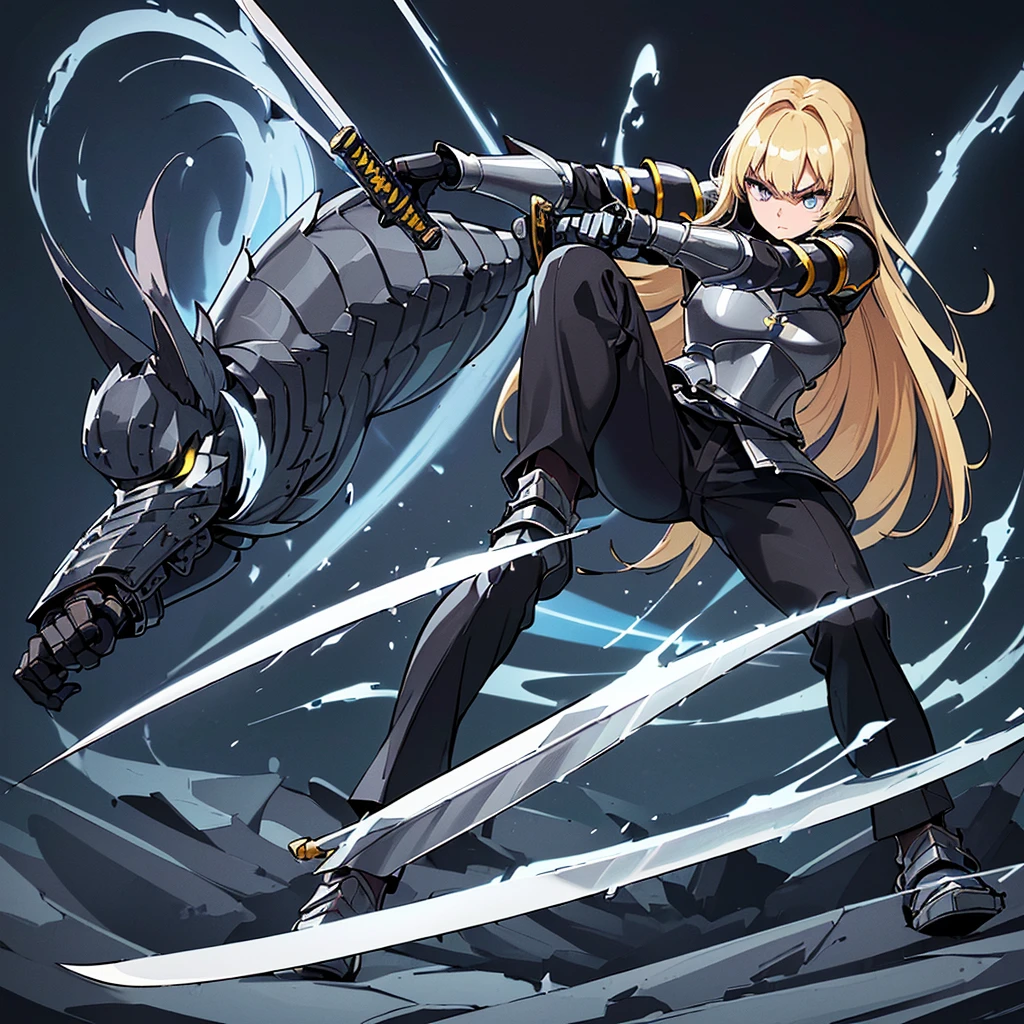 (((Solo)))、Highest quality, Best Quality、8K、(Full body character concept、detailed)、(((Gray simple armor、Black trousers、Black gloves))、(woman、18-year-old)、(Blonde、Long Hair)、(((kill、Grab the sword)))、(Glowing light background)、(Fighting stance, battle)、Dramatic Angle、(Blue and yellow aura)、(From below)