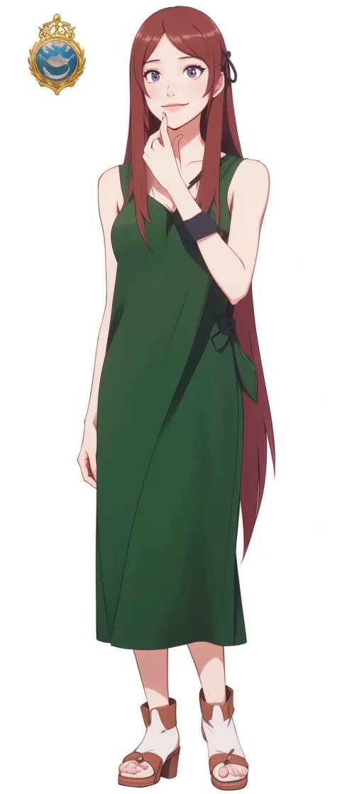 (POV Dating : 1), blue dress, Mei Terumi, anime cels style, best quality, high resolution, 1girl, (large :1.2), beautiful face, long hair, brown hair, green eyes, ((hair over one eye)), red lipstick, cowboy shot, light smile replace with kushina izumaki