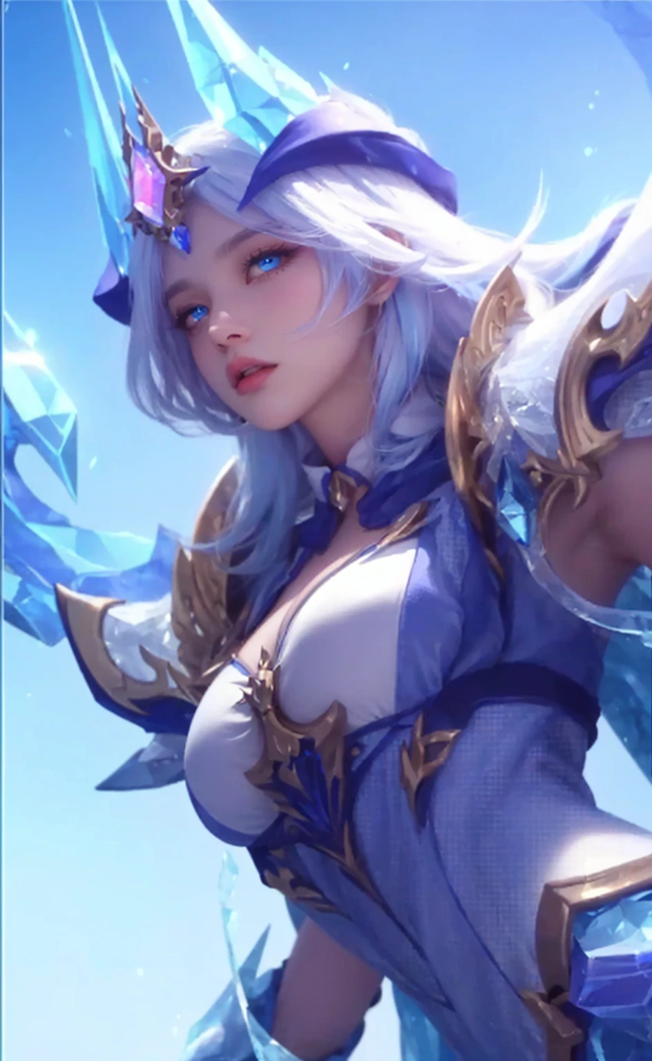 girl with extremely large breasts,long flowing ice blue hair,ice queen,ice sorceress,beautiful detailed eyes,beautiful detailed lips,extremely detailed face and eyes,intricate ice crystal patterns,magical ice storm,dramatic lighting,cold blue color palette,realistic,photorealistic,photo-realistic:1.37,(best quality,8k,highres,masterpiece:1.2),ultra-detailed,vivid colors,fantasy,cinematic,dramatic, rage expression