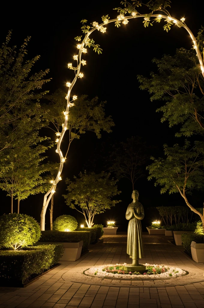 A sculpture in the shape of a rose branch with lighting go garden