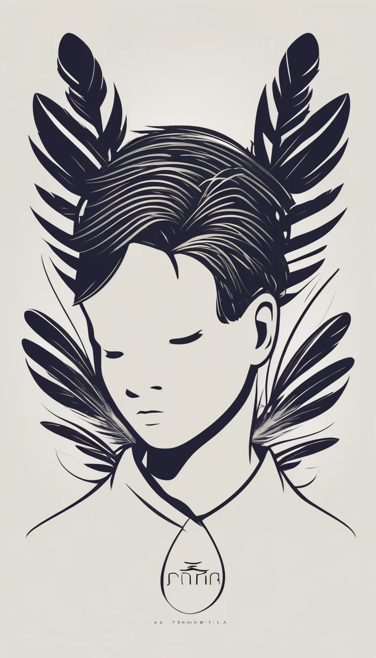 A minimal, modern, simple, cinematic logotype of a boy with a head full of feathers for the brand “Penamemoria".