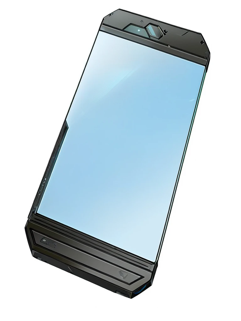 there is a cell phone that is sitting on a table, glass oled mecha visor, oled glass visor head, bottom angle, glass cover, phone!! held in the visor, smartphone, angled view, extreme viewing angle, glass reflections at the top, transparent black windshield, alternate angle, full device, complete view, angular view, reflection of phone in visor