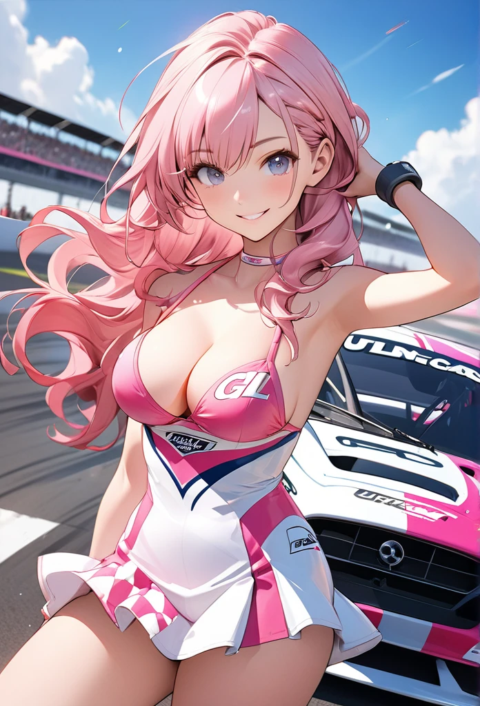 3dCG concept art,A picture of a race queen striking a dynamic pose in front of a racing car.The race queen is a girl, about 16 years old, with long pink hair and waves.Pop hair color, pink bikini type outfit and white pareo,I can clearly see the cleavage, many sponsor logos, and patterns with holographic effects.(she is posing with a parasol stuck into the ground like a cane1.3).Parasols do not open(The racing car is mostly pink), GT car type.Beautiful depiction of a girl smiling and cutely waving at the camera, texture of her hair Emphasis on breasts, beauty of clothes, luster and wrinkles, etc., vivid colors, digital painting, dynamic angles, (ultra-high resolution, high-definition image 4K,8, best quality:1.2)ultra-definition