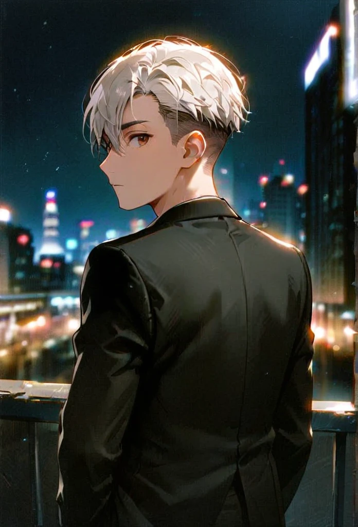 Half body portrait of a young man  ,white hair,short Undercut, brown eyes, wears an all black suit. Stand and look back. Look back. Half-body image. Look back.  city  background at night ,detailed