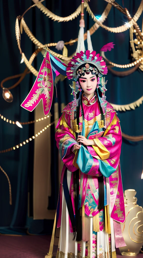 Masterpiece, Best quality, Masterpiece, Best quality, 1girll, beijing opera,tchibi,(tmasterpiece,top Quority,best qualtiy,offcial art,Beauty and aesthetics:1.2),(1girll:1.3),The is very detailed,(s fractal art:1.1),Most detailed,( zentangle:1.2), full bodyesbian, (abstract backgrounds:1.3), (Shiny skin), (many color:1.4),