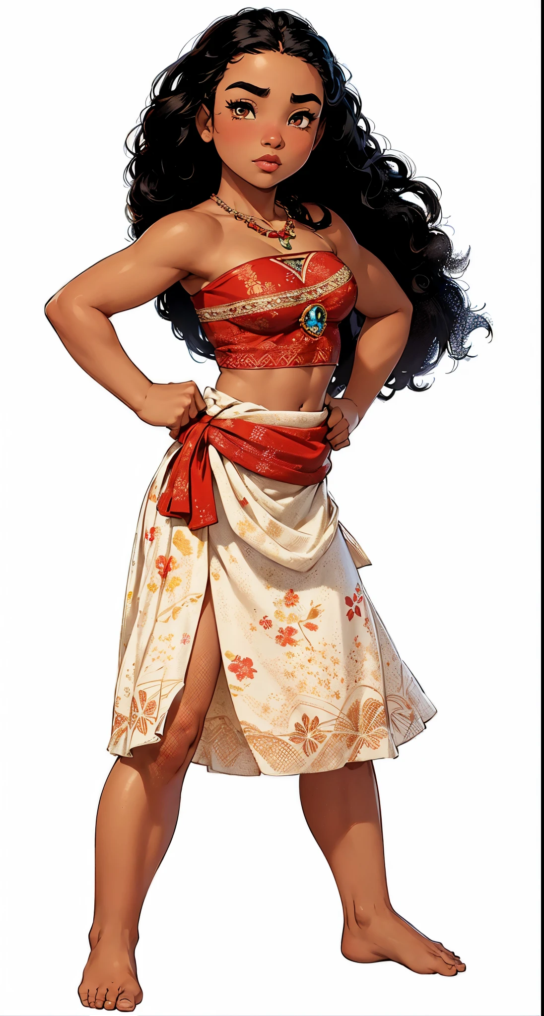 Create a high resolution full body image of Moana, Movie "Moana". Extremely Realistic, very beautiful, sexy, big ass, thick legs, sensual, She must be portrayed standing, confident, with her hands on her hips, showing a courageous and adventurous expression. Moana has long, wavy black hair, dark brown eyes, and an athletic build. She wears a red top with traditional Polynesian patterns and a cream skirt made of tapa fabric, decorated with intricate designs and floral prints. A red sash is tied around her waist. Her necklace features a blue gemstone. She is barefoot.