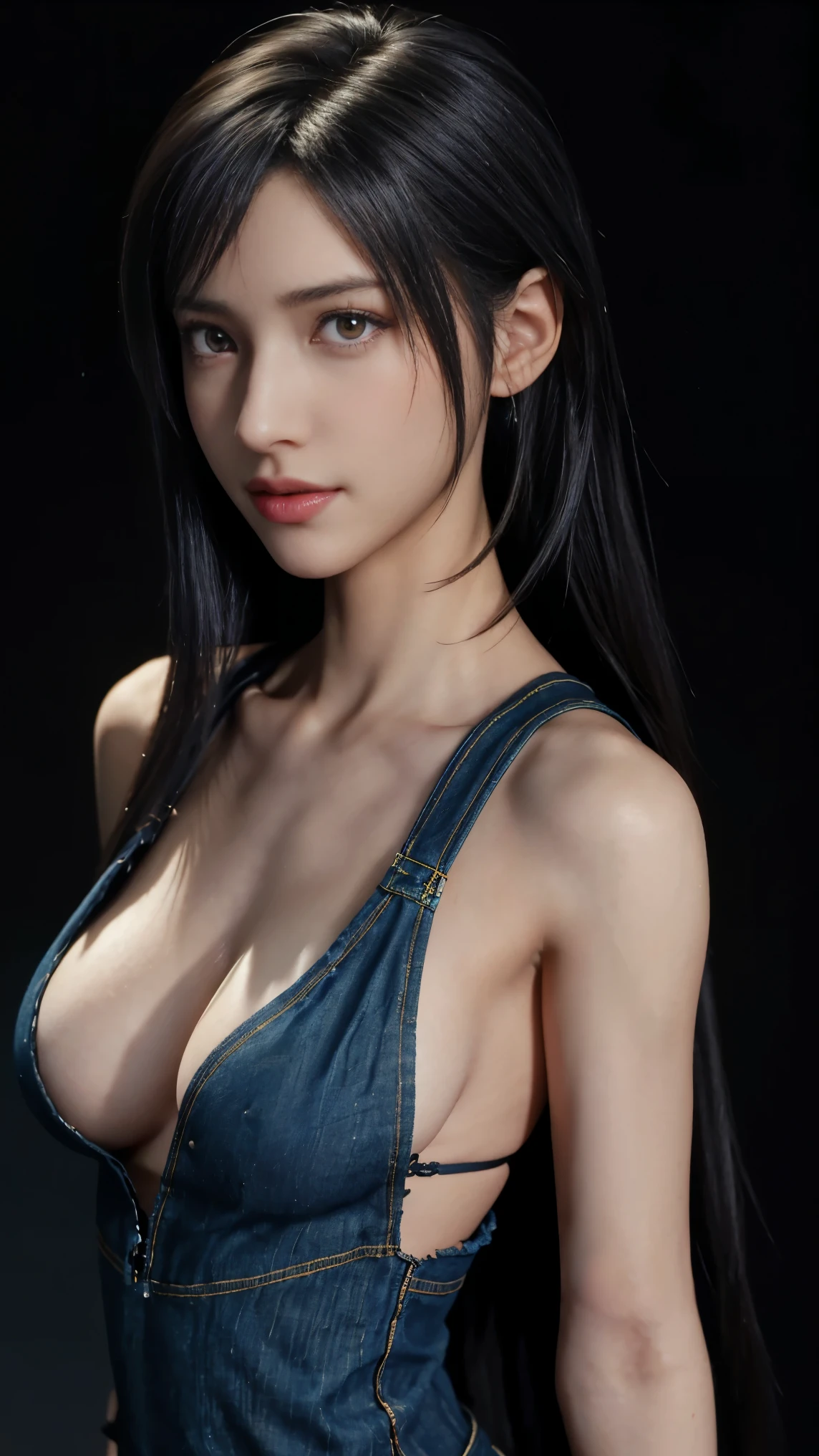 8K, Top Quality, Intricate Details, Ultra Detail, Ultra High Resolution, Masterpiece, close up shot, (full body: 1.1), Slender, Smile, (Makeup: 0.4), ,(( red eyes, black hair, bangs, long hair)), (Fluffy  Eyes: 1.21), (()), 1girl, solo, 1 girl, ((Tifa,Tifa･lockhart,Final Fantasy 7,FF7,l)), close up shot, , ((tall)), (((fit body))), (((slim face))), sharp face, ((torn denim))  ,(detailed face), sharp face, small lips, , ,(( )) ,, ,
 ((, )), , (( )), detailed face, detailed breast, large breast ,huge breast,  detail nipples ,, Narrow Waist, Skinny, tall , 190 cm tall, Muscular, Navel, Exposed Abdomen, Pointed Chest,, Beautiful girl with accentuated slender abs: 1.4, Six Pack Abs: 1.4, , Perfect Body, detail legs, (( dark background)), black background,