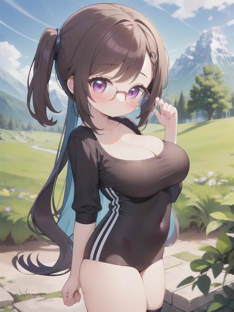 master-piece, bestquality, 1girls,, View viewers from the side, HD, slight smile, big tits, cleavage, tights cloth, , tiny body, lied, outdoor, mountain, wear glasses, under tits cleavage, look down,
