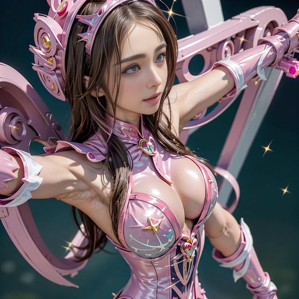 Highest quality，masterpiece，Ultra-high resolution, Very detailed, 8K，a 15 years old beautiful Japanese woman:1.5, ((Crucifixion)), Small face，((クロスにCrucifixionにされた女性:1.5, ?????? Augmentation Surgery)), (Detailed pink magical girl heroine jelly costume:1.5),　Very pleasant look:1.8