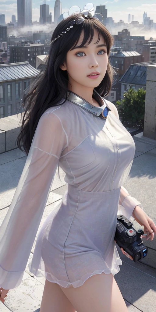 （1girll：1.3）， solo， （（（very vey very detailed face））），（（very detailed eyes and faces））），beatiful detailed eyes，Body parts__，offcial art，Unified 8k wallpaper，Super detailed，Beautiful and beautiful，big breasts beautiful，tmasterpiece，best qualtiy，primitive，tmasterpiece，ultra fine photos，best qualtiy，Ultra-high resolution，photorealistic realism，rays of sunshine，full-body portraits，stunningly beautiful，，dynamicposes，delicated face，Bigchest，Vibrant eyes，（From the front side）， Very detailed city roof background， Roof，looking over city，Detailed face，detailed complex busy background，untidy，opulent，milkyW，highly detailedskin，Realistic details of skin，visible pores，Clear focus，volume fog，8K  UHD，digital SLR camera，high qulity，filmgrain，White skin of the，photo-realism，DL，A huge metropolis of the dystopia of the future， Translucent purple clothes