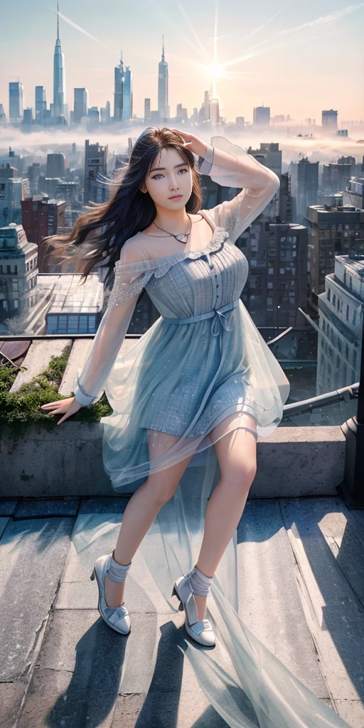 (1girll:1.3), solo, (((very vey very detailed face))),((very detailed eyes and faces))),beatiful detailed eyes,Body parts__,offcial art,Unified 8k wallpaper,Super detailed,Beautiful and beautiful,big breasts beautiful,tmasterpiece,best qualtiy,primitive,tmasterpiece,ultra fine photos,best qualtiy,Ultra-high resolution,photorealistic realism,rays of sunshine,full-body portraits,stunningly beautiful,,dynamicposes,delicated face,Bigchest,Vibrant eyes,(From the front side), Very detailed city roof background, Roof,looking over city,Detailed face,detailed complex busy background,untidy,opulent,milkyW,highly detailedskin,Realistic details of skin,visible pores,Clear focus,volume fog,8K UHD,digital SLR camera,high qulity,filmgrain,White skin of the,photo-realism,DL,A huge metropolis of the dystopia of the future, Translucent purple clothes