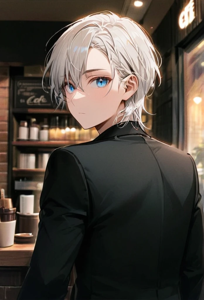 Half body portrait of a young man  ,short white hair, blue eyes, wears an all black suit. Stand and look back. Look back. Half-body image. Look back. cafe background ,detailed