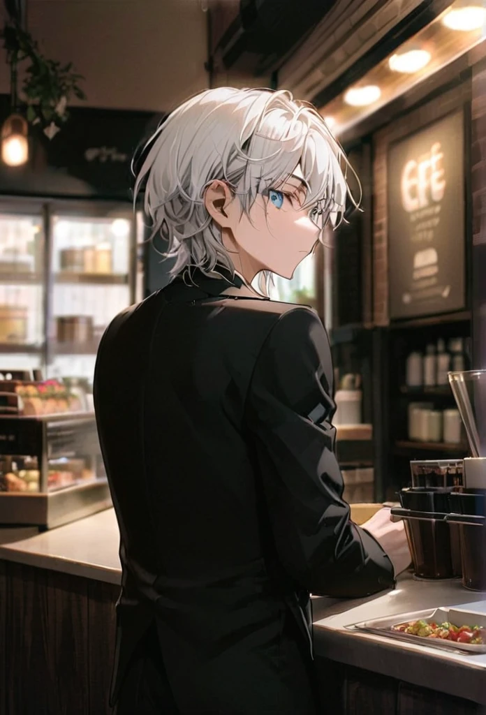Half body portrait of a young man ,short white hair, blue eyes, wears an all black suit. Stand and look back. Look back. Half-body image. Look back. cafe background ,detailed