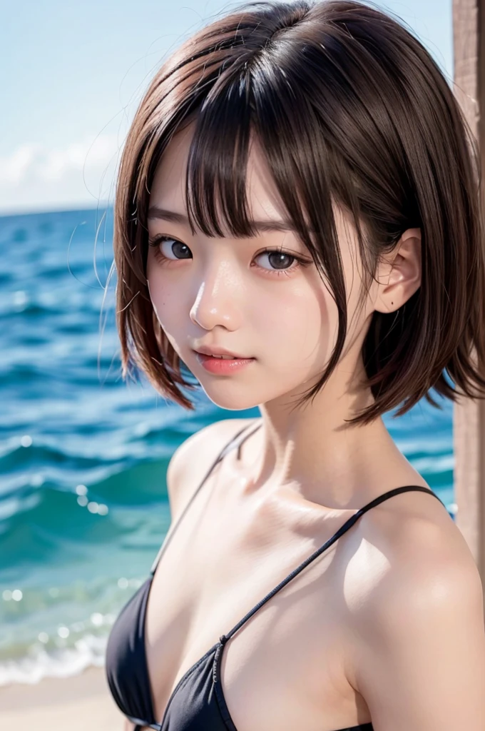 Japan Person, 1girl, , japanese Famous idol, 1cute girl, very young face, masterpiece, high quality, small face, （very small tits:1.8）separately micro bikini style, sexy pose, dramatic angle:1.4, Stroll around sandy coast,