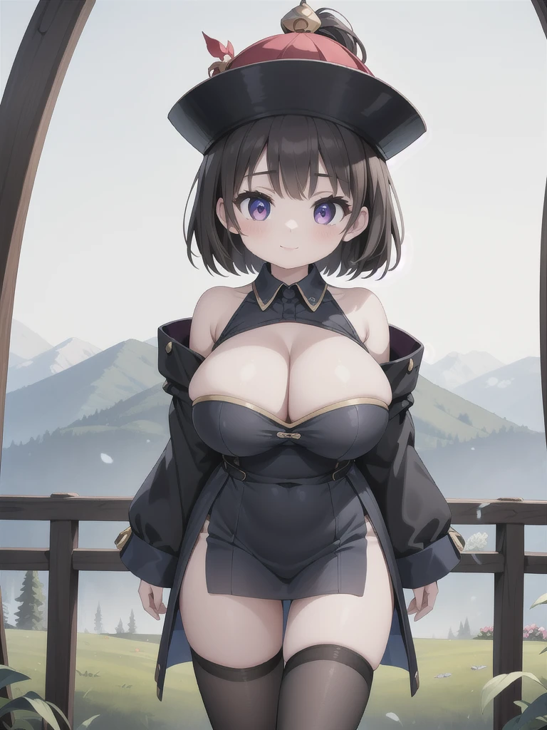master-piece, bestquality, 1girls,, View viewers from front, HD, slight smile, big tits, cleavage, tights cloth, , tiny body, outdoor, mountain, arms forward, want to be hug,