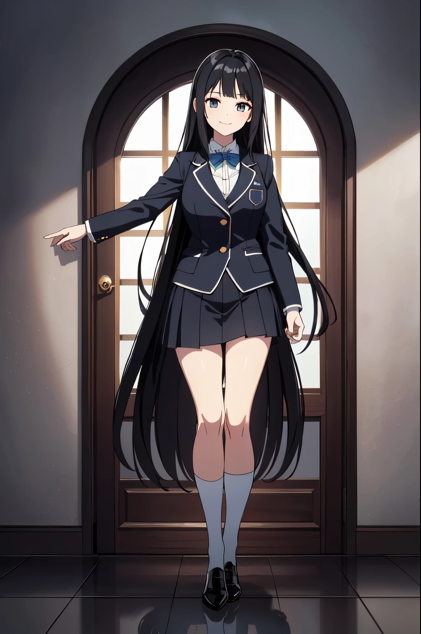 masterpiece, 32k, extremely detailed, finely detail, intricate details, 
BREAK
(absurdres:1.1, highres:1.1, ultra detailed:1.1),
insanely detailed, absurdres, 
(high resolution:1.1, ray tracing:1.1, refraction:1.1)
(1woman, 独奏:1.3),  
BREAK
perfect symmetrical face, smile, high school student, uniform, blazer, Armband, black long hair, 
BREAK
(((full body))), pose
BREAK