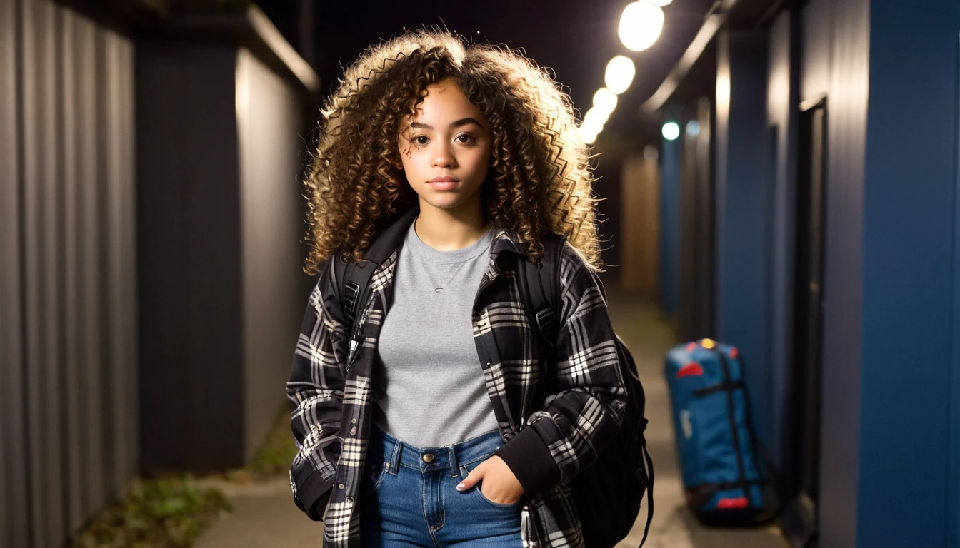 Create Julia, a ager with curly hair, mulatto, is wearing a black t-shirt under a plaid coat, jeans, with a backpack and a flashlight in her hand