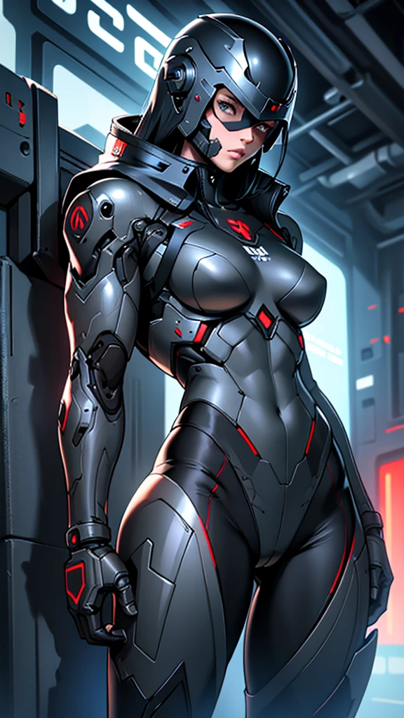  cybernetic girl detailed muscles realistic masterpieces full figure pose (best quality,ultra-detailed), cybernetic skull helmet covering face, fit body, slim figure, narrow waist, large buttocks, wearing a full black carbon fiber cybernetic mobile battle suit, fighting pose