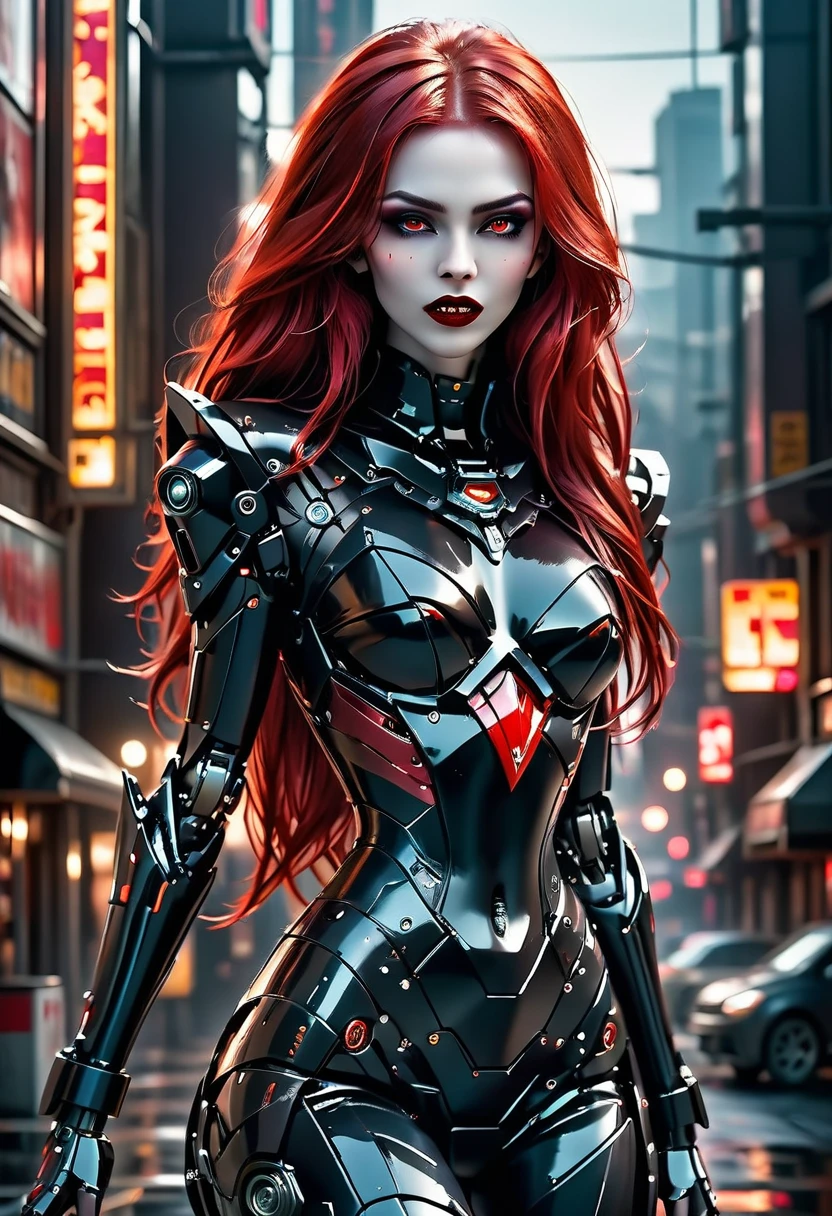 ((a photorealistic glamour shot of an exquisite, glamour mecha female vampire: 1.5)), ((full body: 1.3)), ultra feminine, pale face, red hair, long vibrant shiny hair, glamorous hair,  red eyes, miniatures mechanical , deep penetrating eyes, red lips, lustful lips, ((two visible vampiric fangs: 1.5), drops of blood dripping from the mouth, ((cyberpunk style: 1.5)), she wears (black elegant glamour dress, with small delicate mechanical parts: 1.4), digital parts,  intricate details, the dress is studded with diamonds, tight suit, dynamic color, high heels, cyberpunk street at night background, (highest quality:1.2, Very detailed, up to date, Vibrant, Ultra-high resolution, High Contrast, masterpiece:1.2, highest quality, Best aesthetics), best details, best quality, highres, ultra wide angle, 16k, [ultra detailed], masterpiece, best quality, (extremely detailed), Genetically modified..., Cinematic Hollywood Film, mecha