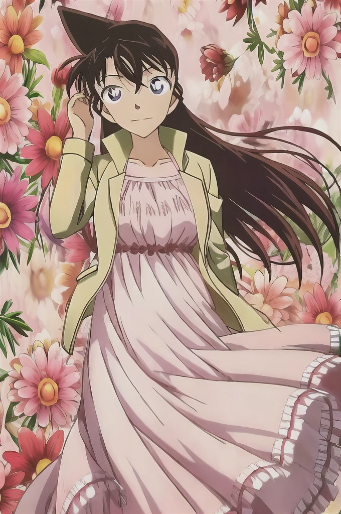 ran, 1girl, solo, long_hair, looking_at_viewer, bangs, blue_eyes, brown_hair, black_hair, long_sleeves, dress, closed_mouth, standing, collarbone, jacket, flower, open_clothes, white_dress, floating_hair, red_flower, pink_flower, hand_in_own_hair, floral_background,  hyper-pregnant 