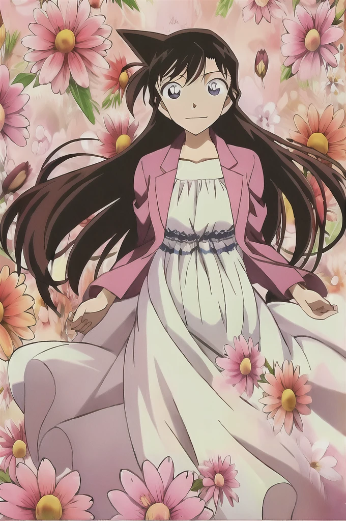 ran, 1girl, solo, long_hair, looking_at_viewer, bangs, blue_eyes, brown_hair, black_hair, long_sleeves, dress, closed_mouth, standing, collarbone, jacket, flower, open_clothes, white_dress, floating_hair, red_flower, pink_flower, hand_in_own_hair, floral_background,  hyper-pregnant 